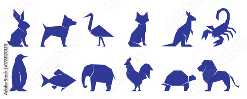 Wild animal silhouette icons in blue, Vector wildlife animal shapes collection, Minimal animal design silhouettes set