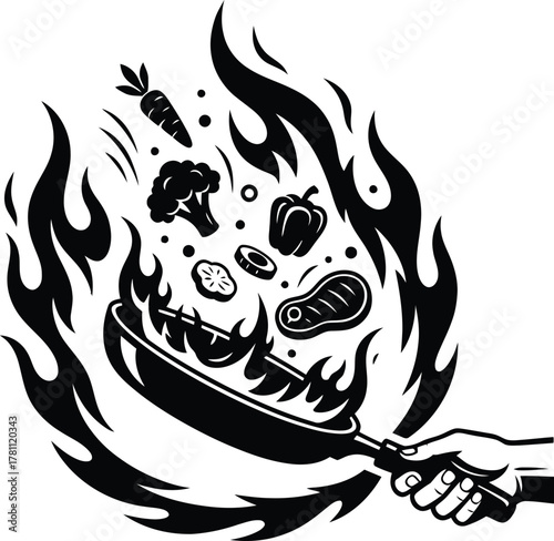 Silhouette Cooking ingredients in frying pan with flames vector illustration