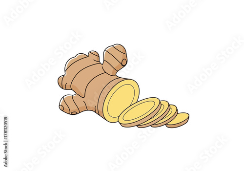 Cartoonstyle drawing of a ginger root with several slices cut off and lying in a row