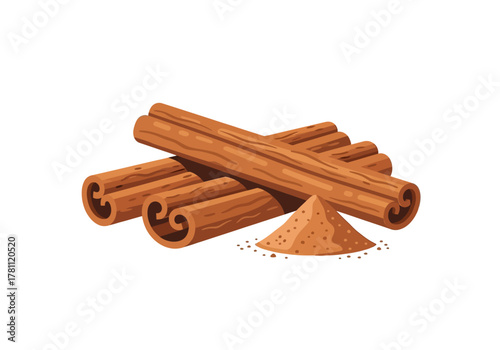 Cinnamon sticks and powder pile rich brown hue curled barks granular texture