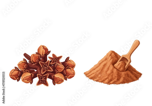 Clove buds  powder A pile of whole cloves next to ground cloves with a wooden scoop