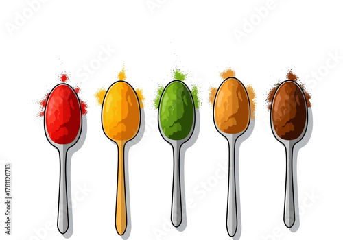 Five spoons each filled with a different colored substance are arranged in a row against a white background