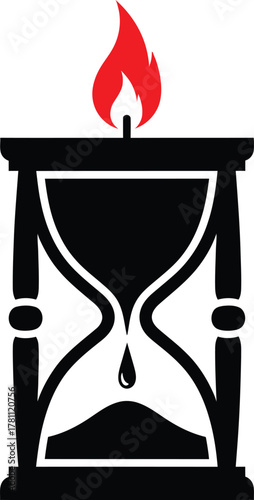 Black hourglass icon with burning red flame, symbolizing time passing, life's duration, and urgency.