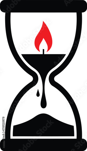 Hourglass with red flame and flowing sand, symbolizing finite time, deadline, and life's duration.