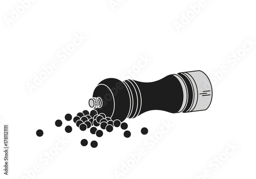 Overturned pepper grinder with scattered peppercorns on a white surface