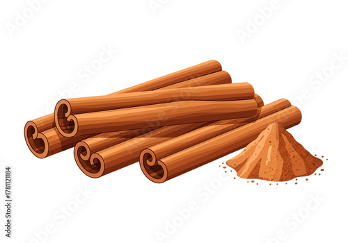 Pile of cinnamon sticks next to cinnamon powder