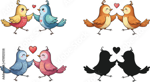 Cute love birds illustration set, romantic valentine couple art, wedding design, affection, romance, happiness, togetherness, tenderness, joy, bird silhouette, colorful birds