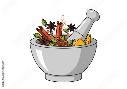 Spices fill mortar and pestle with cinnamon anise turmeric and cardamom