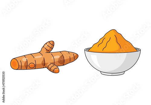 Turmeric root lies near a bowl filled with ground turmeric powder