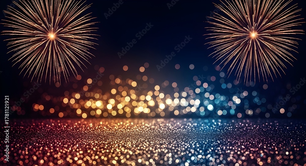 Obraz premium Spectacular fireworks display illuminating the night sky above a crowd of blurred spectators with colorful bokeh lights