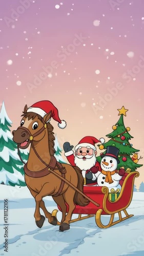Animated holiday journey with santa, snowman, and horsedrawn sleigh in snowy wonderland