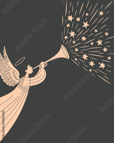 Elegant Christmas card illustration with an angel blowing a trumpet symbolizing joy and divine celebration of peace