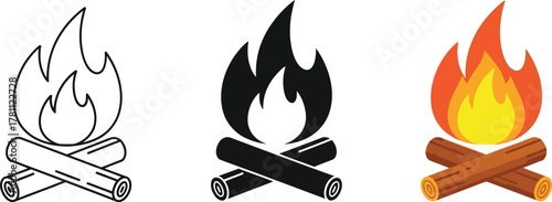 Campfire icons set: outline, solid black, and colored bonfire symbols for outdoor adventures