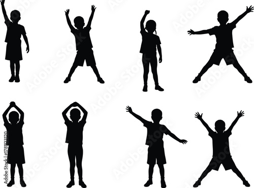 Children silhouette, standing poses, black and white, expressive gesture, physical activity, body movement, posture variation, exercise routine, dance stance, motion