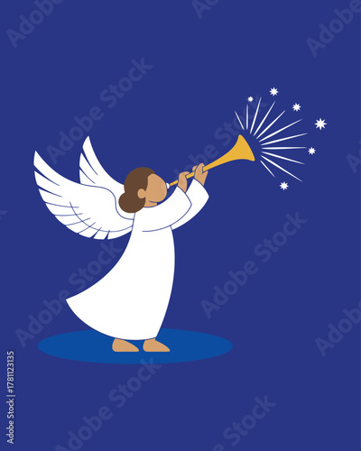 Elegant sacred angel holding a trumpet in a beautiful greeting card symbolizing peace and heavenly celebration