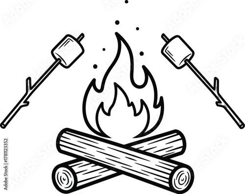Hand drawn campfire with logs and two marshmallows roasting on sticks, outdoor recreation fun symbol.