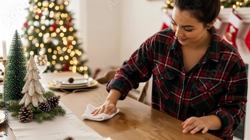 Festive table setting and cleaning in cozy holiday home