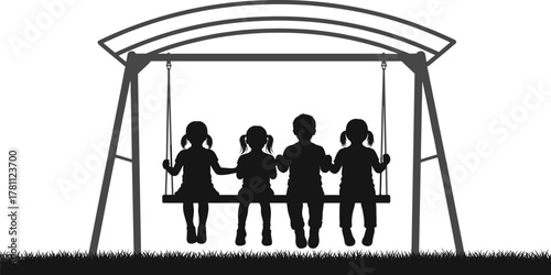 Children silhouette, swing set, outdoor play, friendship, childhood joy, black and white, emotional bond, grass, unity, posture, hairstyle, companionship, expressive, 