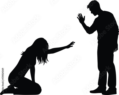 Conflict, emotion, plea, silhouette, rejection, tension, people, relationship, gesture, distress, drama, posture, confrontation, kneel, stop, interaction, expression, scene, reaction, refusal