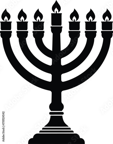 Seven-branched menorah with flames icon. traditional jewish religious symbol of hanukkah celebration.
