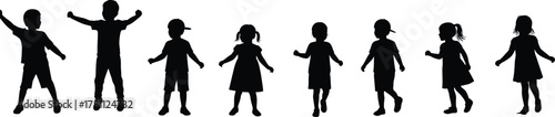 Children silhouettes, jumping, walking, standing, expressive poses, black and white, casual outfits, playful motion, minimal design, childhood, diversity, posture