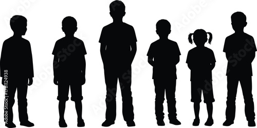 Children silhouettes, standing row, diverse posture, hairstyle variation, black and white, minimal design, childhood, identity, group, expressive, educational