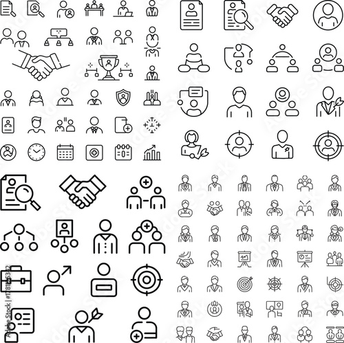Business and Teamwork Line Icons Set – Vector Outline People Icons for Corporate, Management, and Leadership Concepts