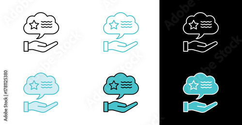 Hand holding chat bubble with star icon for customer feedback and testimonial in line and fill style