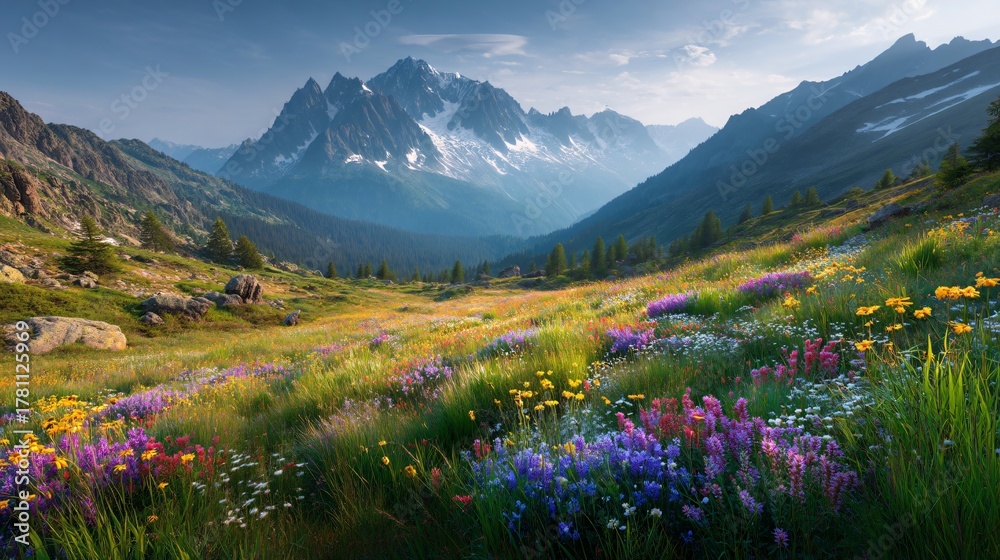 Fototapeta premium Sunrise Over Alpine Wildflower Meadow