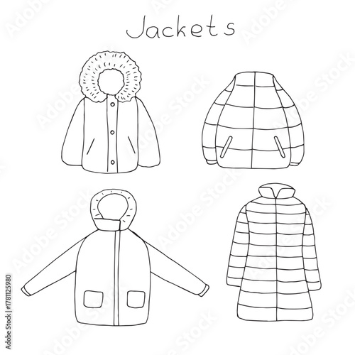 Winter jackets set of elements, hand drawing, vector illustration
