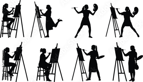 artist painting silhouette set, creative art illustration, painter at easel vector, artistic hobby design, black white artwork icon, drawing sketch symbol, creative  