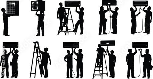 Air conditioner installation, HVAC maintenance workers, repair service vector, technician silhouettes, cooling system setup, professional repair, flat design illustration, equipment service, flavector