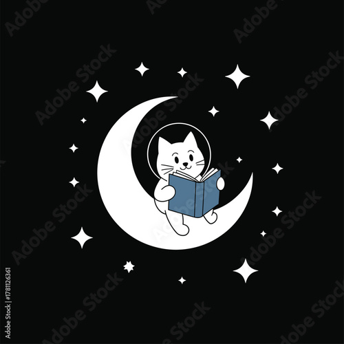 Astronaut cat on crescent moon, cartoon illustration, reading book, space fantasy artwork, whimsical stars, cosmic night scene, children’s design, dreamy animal art, magical story, celestial drawing