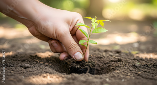 Planting a tree sapling in soil hand holding seedling for reforestation and environmental conservation