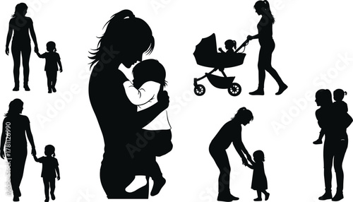Mother, child, family, care, parenting, love, bonding, silhouette, stroller, hug, walk, nurture, affection, support, relationship, motherhood, interaction, embrace, guidance, togetherness