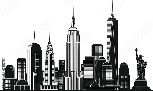 New York, skyline, silhouette, cityscape, architecture, buildings, landmark, urban, Statue of Liberty, Empire State, Chrysler, One World, spire, tower, famous, USA, travel, tourism, black, white