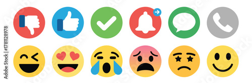 Social Media Emoji Reaction Icon Set – Flat Vector Like, Dislike, Heart, Share, Comment Symbols for Web, App, UI, and Graphic Design