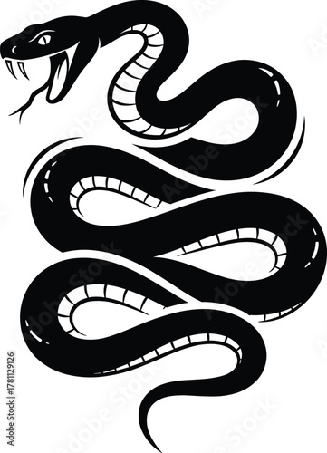 Aggressive snake vector illustration, coiled serpent with open mouth and fangs, black reptile tattoo design, dangerous wildlife symbol for graphic art