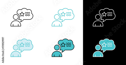 Person with chat bubble and star icon for customer review and testimonial in line and fill style
