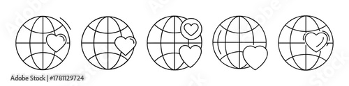 Earth globe with heart outline icon set representing global love.