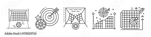Goal achievement, target setting, success, and strategy line icons