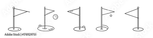 Golf course flag and hole icons set line art sport game symbols