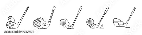 Golf club hitting ball line art vector icons for sports design
