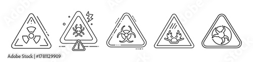 Line art set of hazard warning signs with various danger symbols