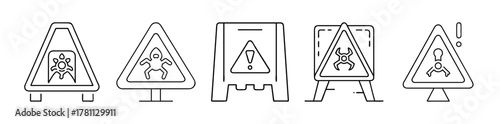 Outline warning signs icon set for safety, hazard, and caution