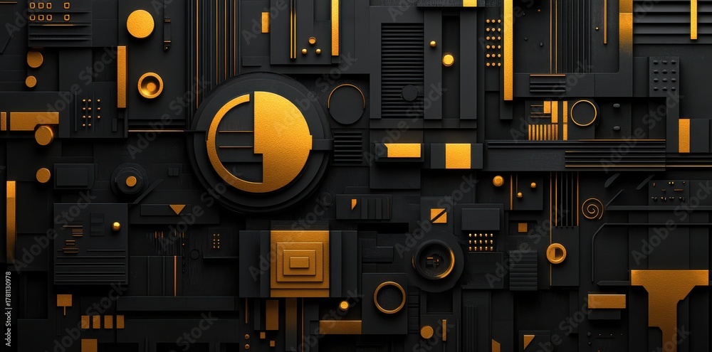 Fototapeta premium Luxurious abstract design with black and gold wavy patterns and shimmering textures on a dark background