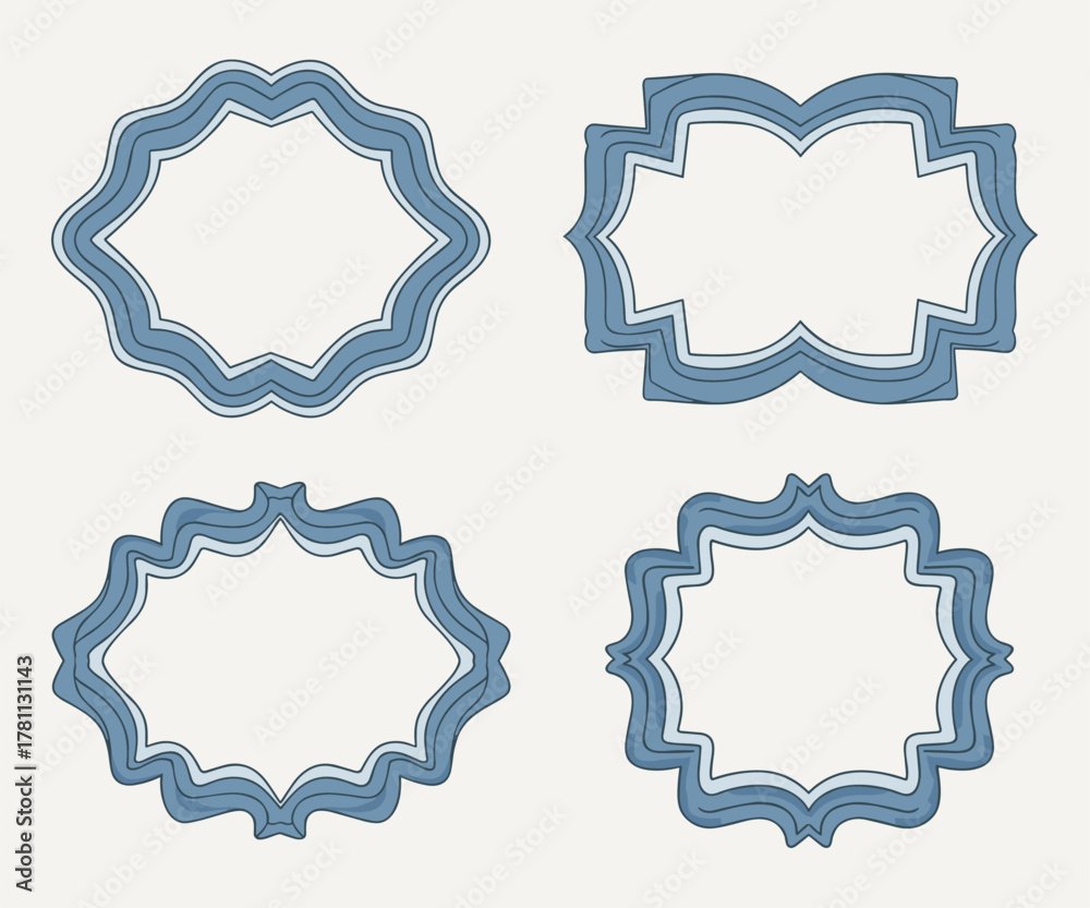 Fototapeta premium Decorative blue frame set with ornamental shapes. Elegant vector collection featuring star and wave edges, perfect for certificates, invitations, and creative graphic layouts