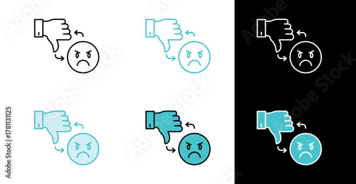 Thumbs down with angry face icon for negative feedback and disapproval in line and fill style