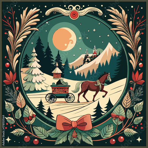 Winter horse carriage ride under the moon framed art vector