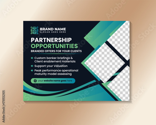 Business partnership advantages basic principles horizontal landing web page banner with flat vector illustration. green gradient element with space for photo collage isolated on black background.